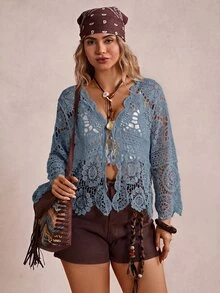 Freevana Plus Size Vacation Knit Hollow Out Cardigan - Dusty Blue - View 4
