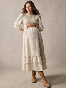 Boho Mama Maternity Solid Color Pleated Casual Party Travel Summer Dress - Khaki - View 6