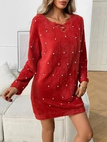 Balvessa Women's Faux Pearl Decor Asymmetrical Shoulder Casual Daily Summer Dress - Red - View 6