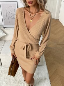 Balvessa Women's Solid Color Overlap V-Neck Dropped Shoulder Long Sleeve Elegant Dress - Apricot - View 9