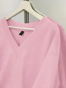 SHEIN EZwear 休閒極簡風粉色女款V領寬鬆大版運動衫，適合秋冬穿著的秋季衛衣 - 粉色 - 查看 6