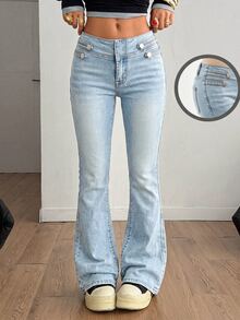 Muchica Women's Button Casual Daily Wear Denim Jeans - Medium Wash - View 1