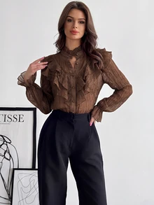 Firerie Autumn Women Elegant Sophisticated Romantic Palace Vintage Stand Collar Ruffle Jacquard Textured Button Bell Sleeve Apricot Blouse Going Out Tops - Brown - View 5