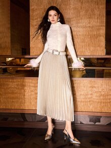 MOTF PREMIUM WOMEN'S PLEATED METALLIC COATED FASHIONABLE CEREMONIAL SKIRT, AUTUMN/WINTER - Silver - View 6
