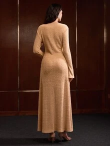 MOTF PREMIUM WOMEN'S AUTUMN/WINTER EMBROIDERED BEADED COLLAR FLARED SLEEVE CINCHED WAIST A-LINE KNIT DRESS - Khaki - View 7