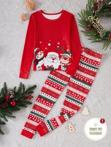 Santa Claus Tween Girl Autumn/Winter Pajamas Fair Isle Knitted Stretchy Ribbed Snug Fit Top Pants Allover Print Striped Cartoon Christmas Reindeer - Red - View 4