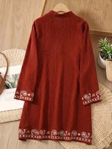 Rusticease Plus Size Women's Paisley Embroidered Cuff Button Design Long Sleeve Casual Dress - Brown - View 4