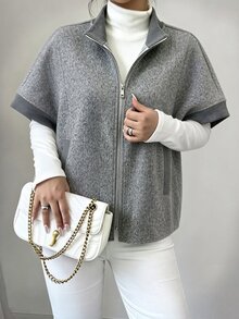 Elenzga Women's Colorblock Zipper Casual Versatile Wool Blend Jacket - Grey - View 4