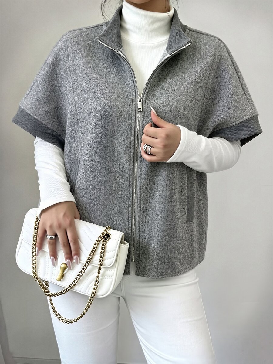 Elenzga Women's Colorblock Zipper Casual Versatile Wool Blend Jacket - Grey - View 1