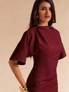 SHEIN BAE Spring Summer Solid White Short Sleeve Fitted Pleated Elegant Long Dress For Women - Burgundy - View 7