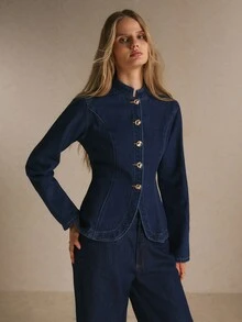 Poéselle Women's Fitted Tailored Denim Jacket With Gold Button Front And Curved Hem, Stand Collar - Dark Wash - View 4