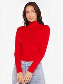 SHEIN BASICS 女款高領長袖羅紋針織修身T恤上衣，黑色 - 紅色 - 查看 1