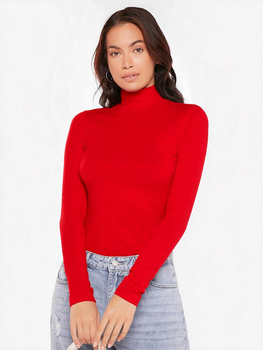 SHEIN BASICS 女款高領長袖羅紋針織修身T恤上衣,黑色 - 紅色 - 查看 1