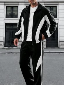 Manfinity CasualCool Men's Black & White Colorblock Jacket Set, Patchwork Contrast Fashion Versatile Style Suitable For Daily Streetwear, Also Ideal Gift For Boyfriend Or Husband - Multicolor - View 3