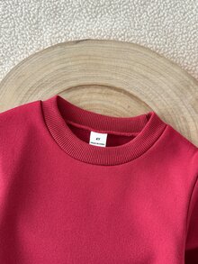 SHEIN 1件少女抓絨運動衫洋裝，酒紅色純色配格紋圖案，圓領長袖，蝴蝶結裝飾，可愛時尚，適合春夏/秋冬日常穿著、上學、聖誕節及其他場合 - 酒紅色 - 查看 8