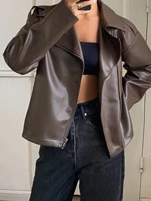 Dazy Tall Autumn Brown PU Leather Jacket With Turn Collar Loose Casual Street Office Commute Women's Jacket Winter - Brown - View 5