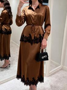 Modelyn Elegant Lace Patchwork Satin Drape Tie Long Sleeve Blouse & Full Skirt Two Pieces Set For Women Plus Size - Brown - View 4