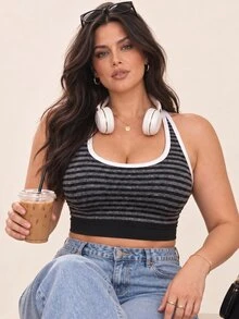 SHEIN Rhythm Era Randig färgblockig casual sport-haltertop för kvinnor i plus size, för dagligt bruk - Svart - Visa 4