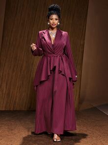 Maweii Plus Size Sexy Burgundy Striped Asymmetrical Hem Blazer And Pants Set - Burgundy - View 5