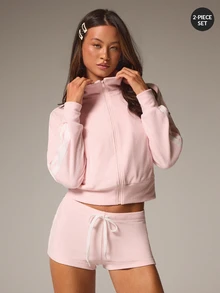 Athîral Women's Slim Fit Pink Solid Fleece Two Pieces Set,Cropped Zip-Up Stand Collar Top,Drawstring Shorts,Winter Athleisure Casual Sporty For Gym Workout - Pink - View 5