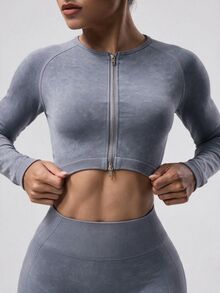 Easithlete Easithlete Women's Minimalist Zipper Cropped Long Sleeve Sports Jacket - Dusty Blue - View 3