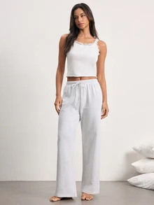 Ocili Grey Sweatshirt Pants Camisole Comfortable Cotton Top Lace Ruffle Wave Edge Cami Long Pants Women Loungewear Set - Light Grey - View 4
