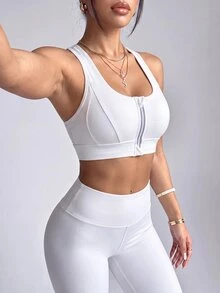Velisys Velisys Women's Solid Color Zipper Casual Daily Sports Bra - Beige - View 3