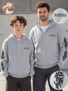 青少年男孩 12-16歲 Y2K 哥德風刺青刺繡抓絨拉鍊連帽衫 寬鬆保暖 秋冬季春季 校園 滑板街頭風 - 灰色 - 查看 3