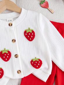 SHEIN Baby Girl Contrast Color 3D Embroidered Strawberry Decor Elastic Ribbed Thick Textured Fabric Cardigan Top And Elastic Brushed Base Layer Long Pants Set, Suitable For Winter - Red and White - View 6