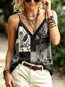 Selamara Plus Size Bohemian Patchwork Print V Neck Spaghetti Strap Tank Top - Multicolor - View 1