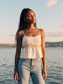 CAJUNI Spaghetti-Strap Top Featuring Special Shell-Style Fabric And Trim; Perfect For A Chic, Elegant, And Casual Summer Vacation Look. - Beige - View 10