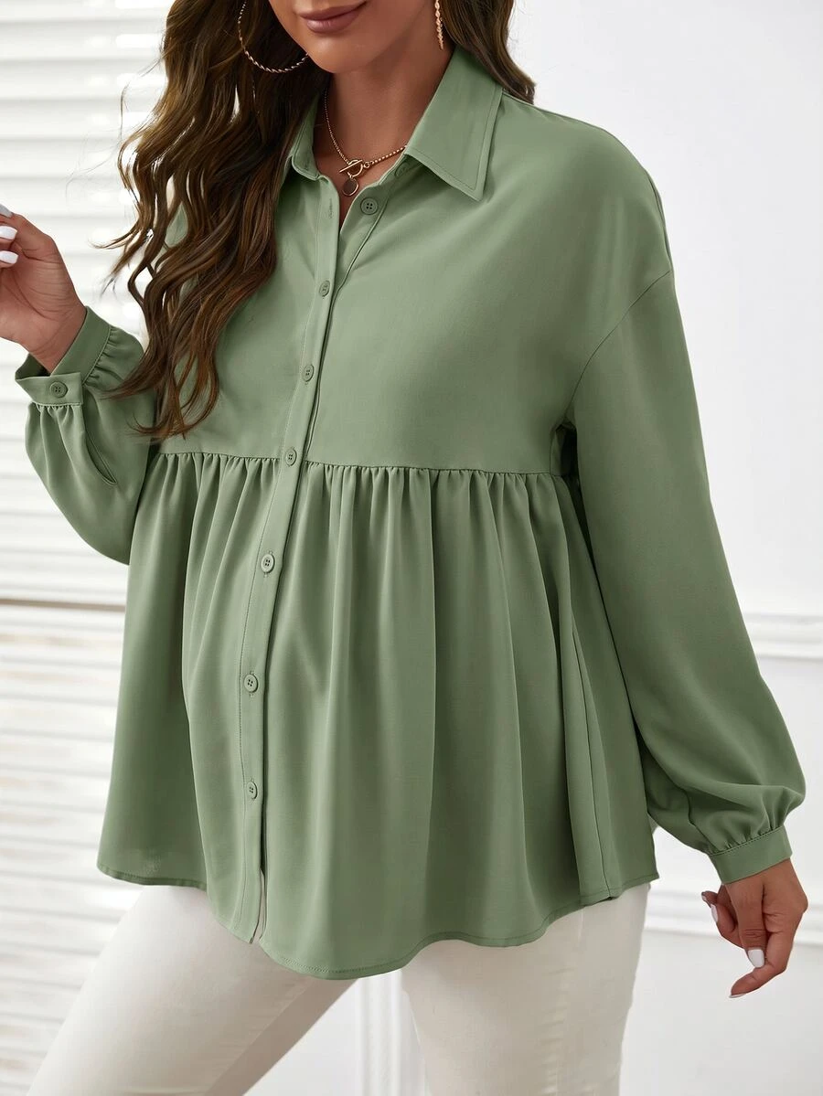 SHEIN Maternity Solid Color Pleated Casual Daily Long Sleeve Top - Green - View 1