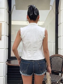 Muchica Áo denim sát nách nữ phong cách du lịch, cổ đứng, thiết kế cài nút, gấu sờn - trắng - Xem 2