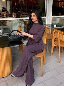 Dazy Tall Solid Color Fitted Waist Drawstring Stand Collar Long Sleeve Pullover Shirt & Wide Leg Pants Elegant Vacation Spring Autumn Women 2pcs Set - Coffee Brown - View 7