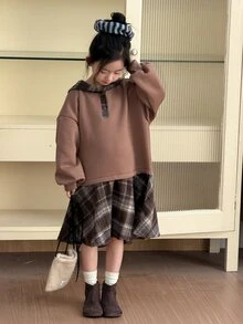 DAZY Tween Girl Patchwork Plaid Ruffle Hem Dropped Shoulder Long Sleeve Casual Hooded Dress - Camel - View 6