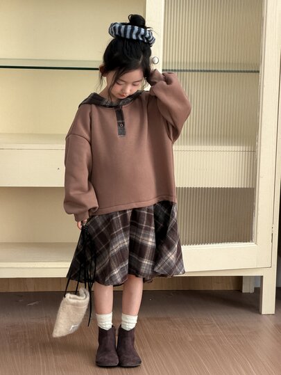 DAZY Tween Girl Patchwork Plaid Ruffle Hem Dropped Shoulder Long Sleeve Casual Hooded Dress