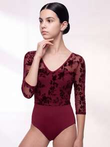 SHEIN Bộ đồ liền thân thể thao cho thiếu nữ, tay lỡ 3/4, lưới in hoa đỏ nhung - Màu Đỏ Sâu - Xem 3