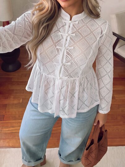 Vionelle Blusa de manga larga para mujer talla grande, estilo francés chic de lujo elegante minimalista sofisticado casual bohemio old money, para primavera otoño invierno, vacaciones oficina y desplazamientos, cómoda, color liso con encaje, cuello redondo con cuello alto, botones delanteros, cintura ceñida, corte evasé con bajo acampanado
