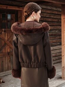Anewsta Women Luxury Faux Leather Jacket With Plush Faux Fur Trim Hooded Winter Coat - Brown - View 7
