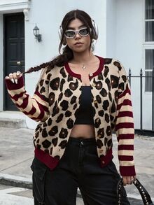 SHEIN EZwear 大尺碼女款豹紋條紋長袖單排扣針織開襟衫 - 酒紅色 - 查看 3