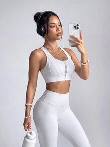 Velisys Velisys Women's Solid Color Zipper Casual Daily Sports Bra - Beige - View 5