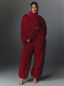NYA SZN Knit Pant Fringe Trouser Wide Leg Holiday Festival Special Occasion Everyday Casual Work Concert Going Out Club Cozy Chic Cute Party Red Fall Winter - Red - View 3