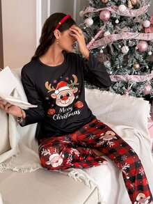 SweetSlumber Christmas Print Colorblock Round Neck Pullover Women Pajama Set - Multicolor - View 6