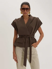 MUSEYN Brown Woven Structured Button Shoulder Tie Waist Tailored Top Versatile Everyday Casual Fall - Coffee Brown - View 1