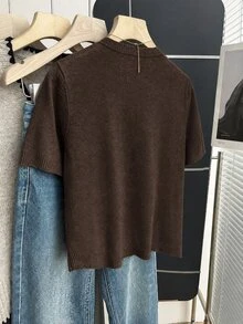 Franclia New Spring Summer Vintage Preppy Style Colorblock Plaid Knit Pullover Sweater For Women - Coffee Brown - View 2