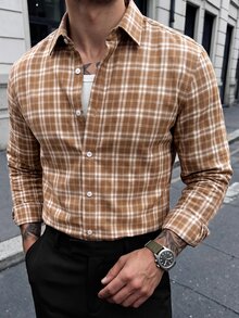 Manfinity Homme 1件男士成熟休閒風格子布料襯衫，通勤百搭時尚舒適，男友禮物、丈夫禮物、週年紀念禮物 - 棕色 - 查看 6