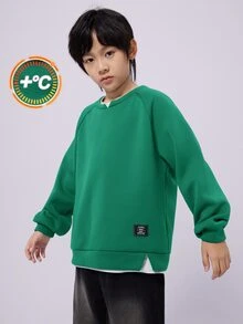 SHEIN 兒童青少年男孩休閒日常百搭舒適拼接撞色2合1圓領寬鬆套頭長袖針織衛衣，適合通勤上學、日常休閒、度假旅行、運動，秋冬季節適用 - 綠色 - 查看 2
