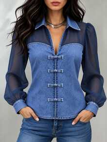 EMERY ROSE Women's Daily Blue Denim Effect Print Patchwork Chiffon Collared Lantern Sleeve Long Sleeve Sheer Casual Blouse, Suitable For Spring And Autumn Daily Wear, Shopping, Dating And Commuting, Also An Ideal Choice For Back To School Season, Versatile Style Shirt - Blue - View 4
