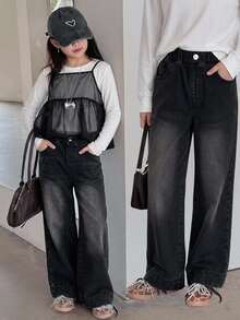DAZY Tween Girl Casual Daily Wide Leg Denim Jeans With Pockets And Buttons - Black - View 10