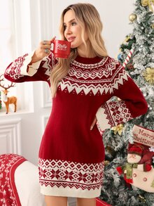 SHEIN Clasi Gaun Rajut Lengan Panjang Leher Bulat Motif Fair Isle untuk Natal Wanita - Red and White - View 7